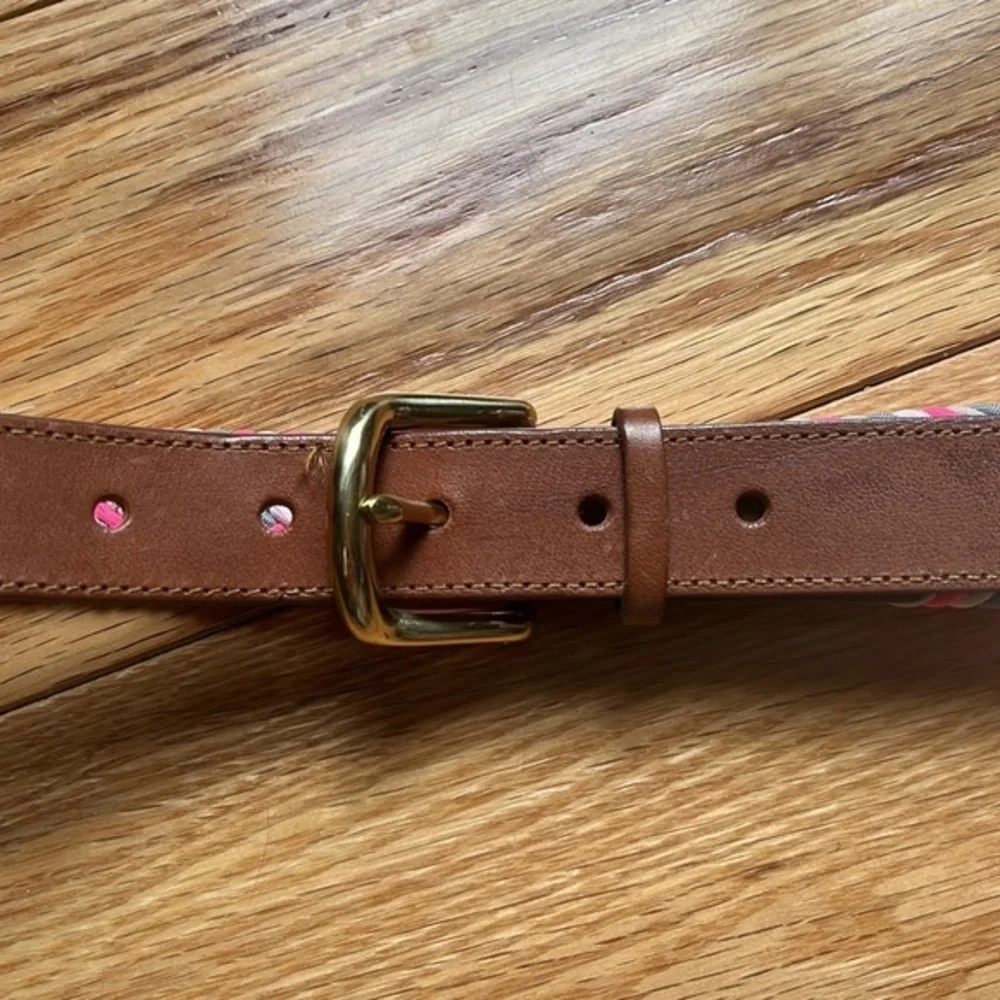 J. Crew Tan Leather Pink & Gray Woven belt Small